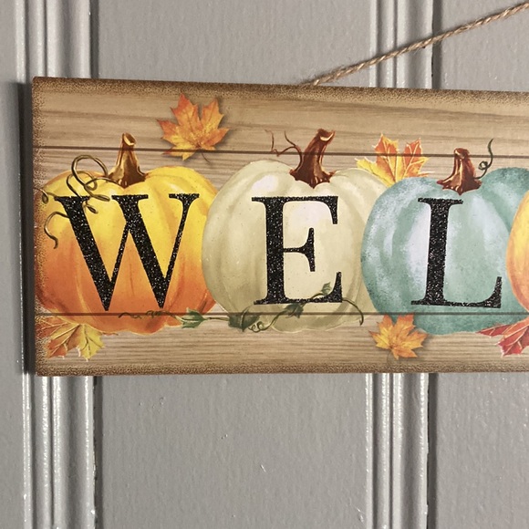 NWT Stunning Colorful Pumpkins Black Glittered Wooden Welcome Decoration Sign - Picture 6 of 17